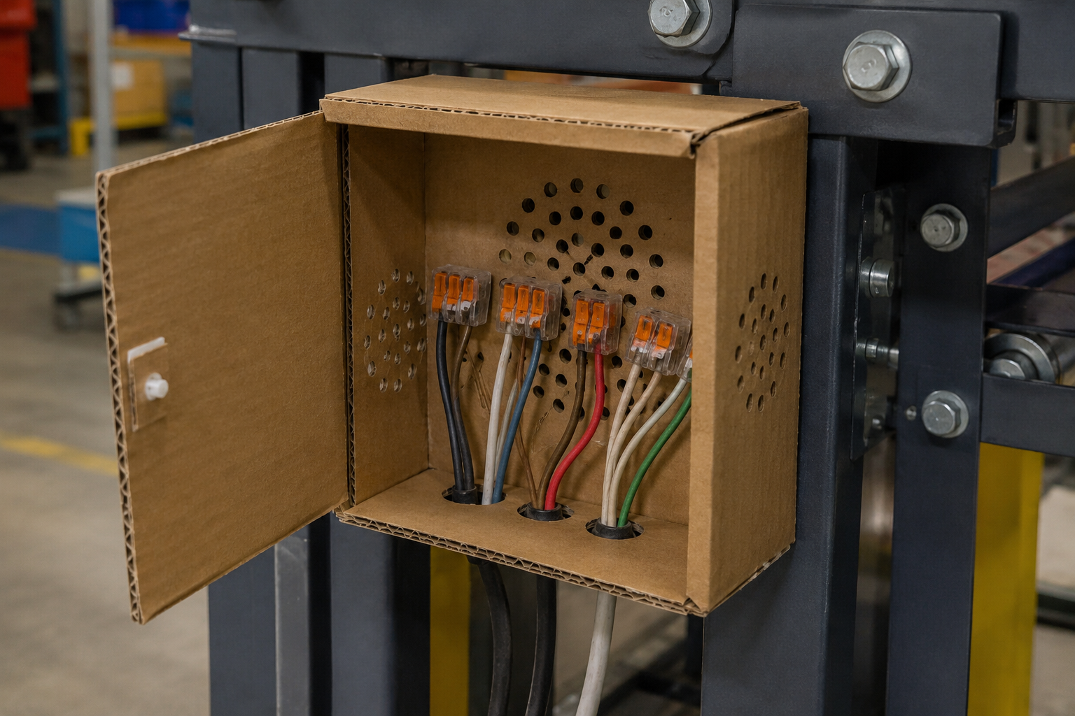 Cardboard junction box with open door, wires, and perforations mounted between industrial steel beams
