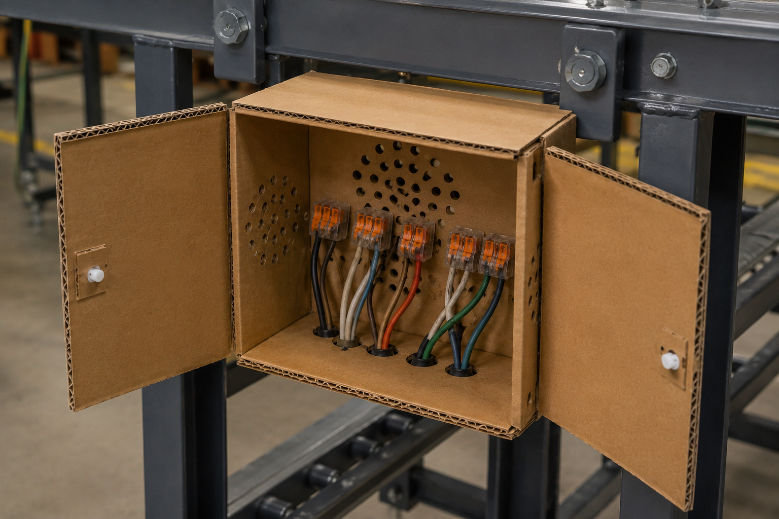 CBJB-02 cardboard junction box with two open doors